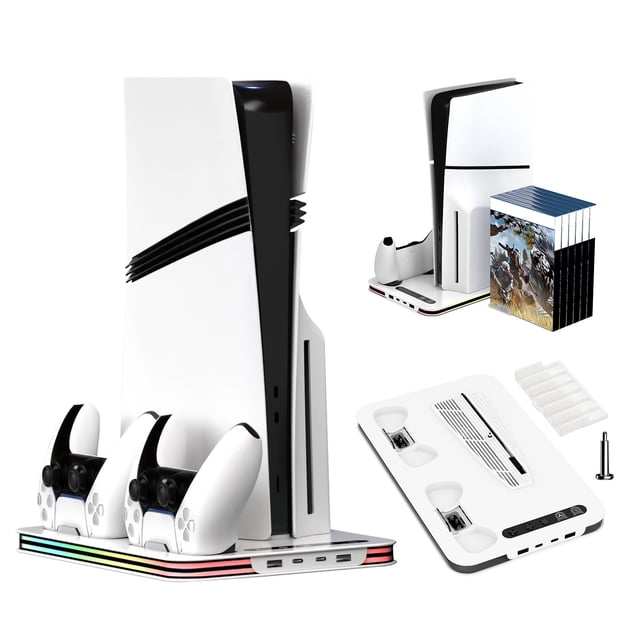 Cooling Fan Stand Compatible with PS5 & PS5 Slim & PS5 Pro Console - RGB LED Lighting, Charging Base & Storage Rack