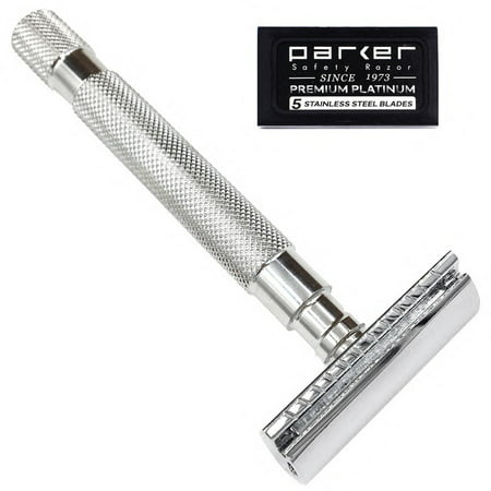 Parker 64S Stainless Steel Handle Double Edge Safety Razor with Closed Comb Head & 5 Parker Premium DE (Best De Razor For Head Shaving)