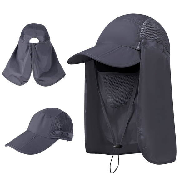 AYAMAYA Foldable Fishing Hat, Wide Brim Sun Hat with Removable Sun Face Shield & Neck Flap Cover UV Protection Cap for Hiking Gardening, Gray
