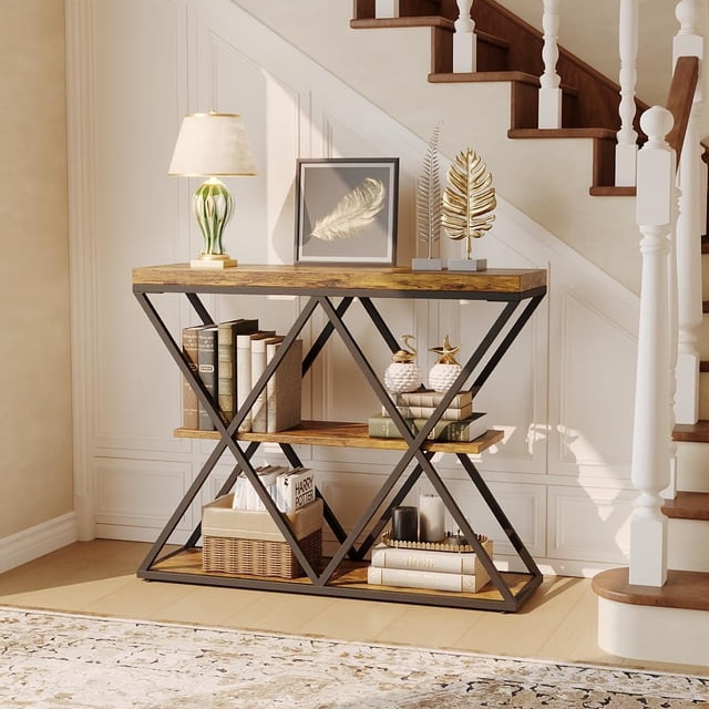 Table Console Industrielle à 3 Niveaux avec Étagères Ouvertes - Table d'Entrée et de Sofa en Forme de X avec Cadre Métallique pour Rangement Moderne