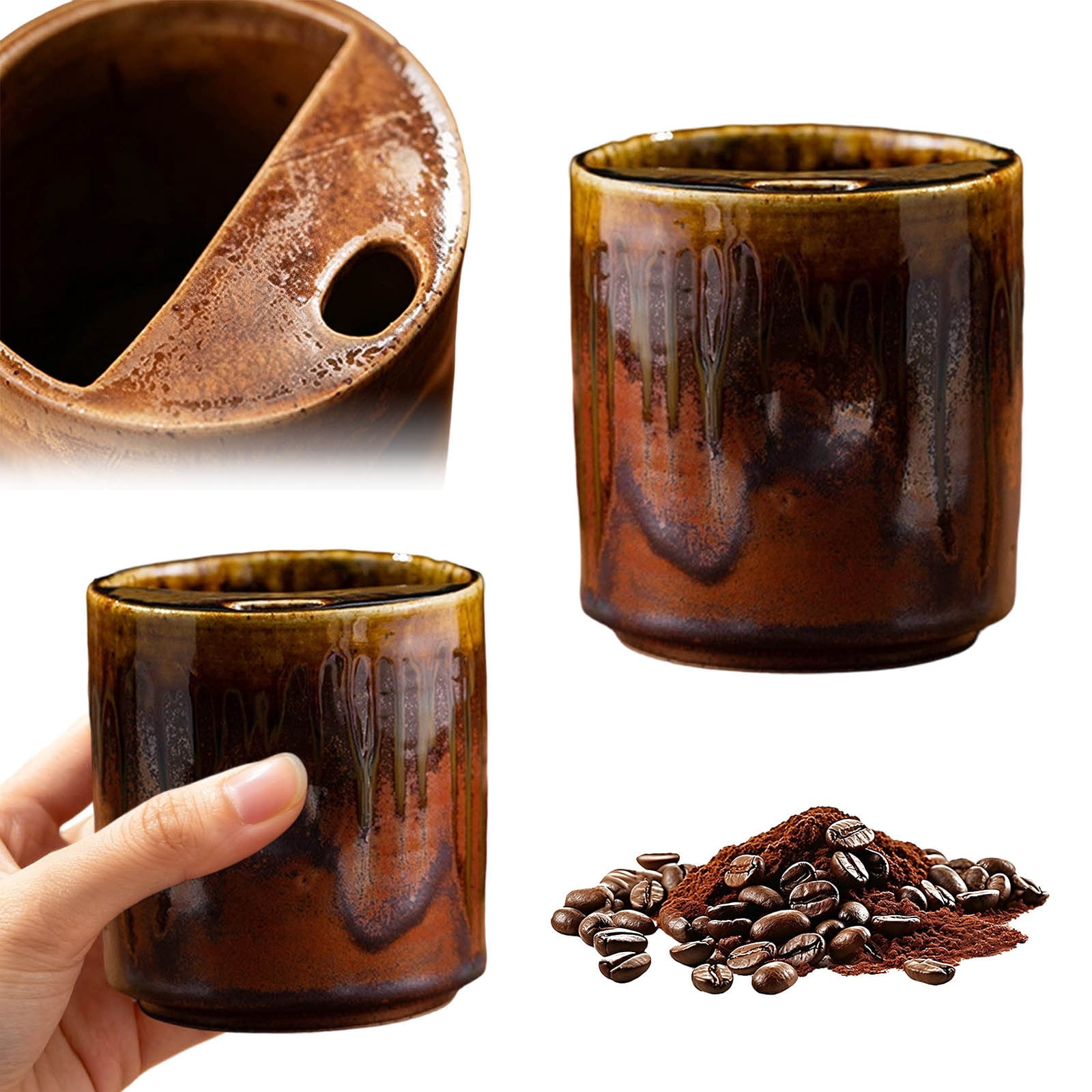 QIUXUJ-1pc Retro Ceramic Espresso Cup with Straw, Vintage Style Thick Wall Porcelain Coffee Mug, Small Demitasse Cup for Home Kitchen Cafe Daily Coffee Drinking (Brown)