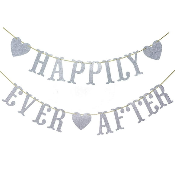 Bannière Guirlande Pailletée "Happily Ever After", Fiançailles, Douche Nuptiale, Décorations de Fête de Mariage (Argent)