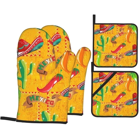 Cactus Hat and Chili Pepper Oven Mitts and Pot Holders Sets for Kitchen 4 Pcs 7 X11 Heat Resistant Baking Cooking