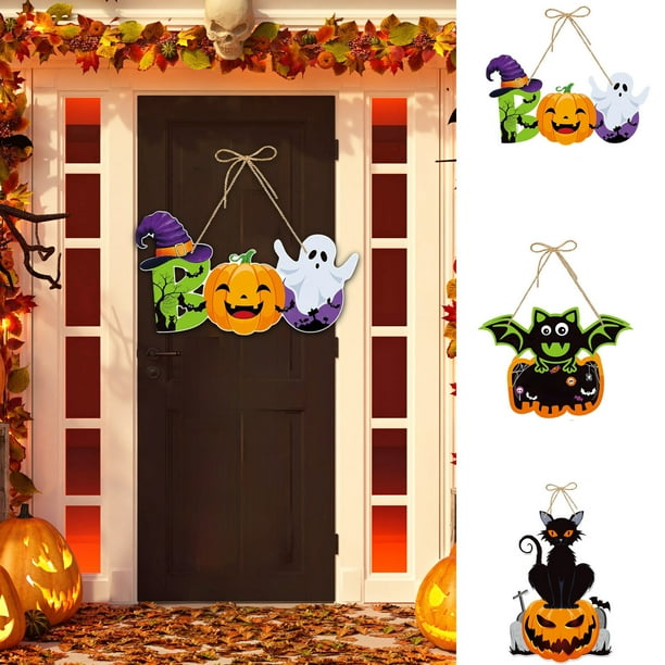 Decoración colgante de puertas de Halloween | Tema de Calabaza Fantasma Esqueleto | Cartel de papel multicolor | Decoración para fiesta de Halloween | Cuerda pre-atada incluida | 16,14x9,05 in | Uso