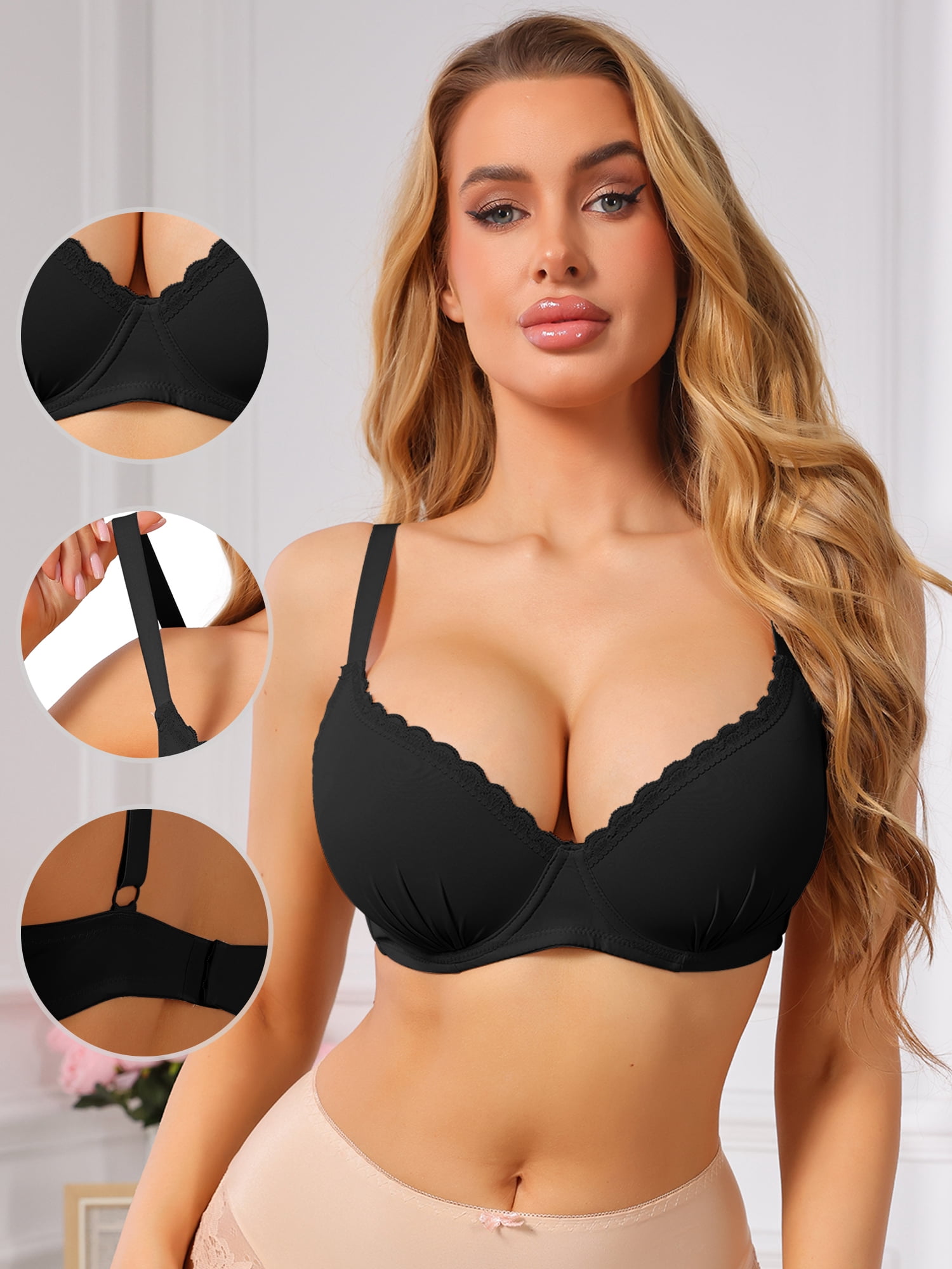 DARING DIVA Women's Deep V Lace Trim Push Up Underwire Strip Support Bra B 36 Black