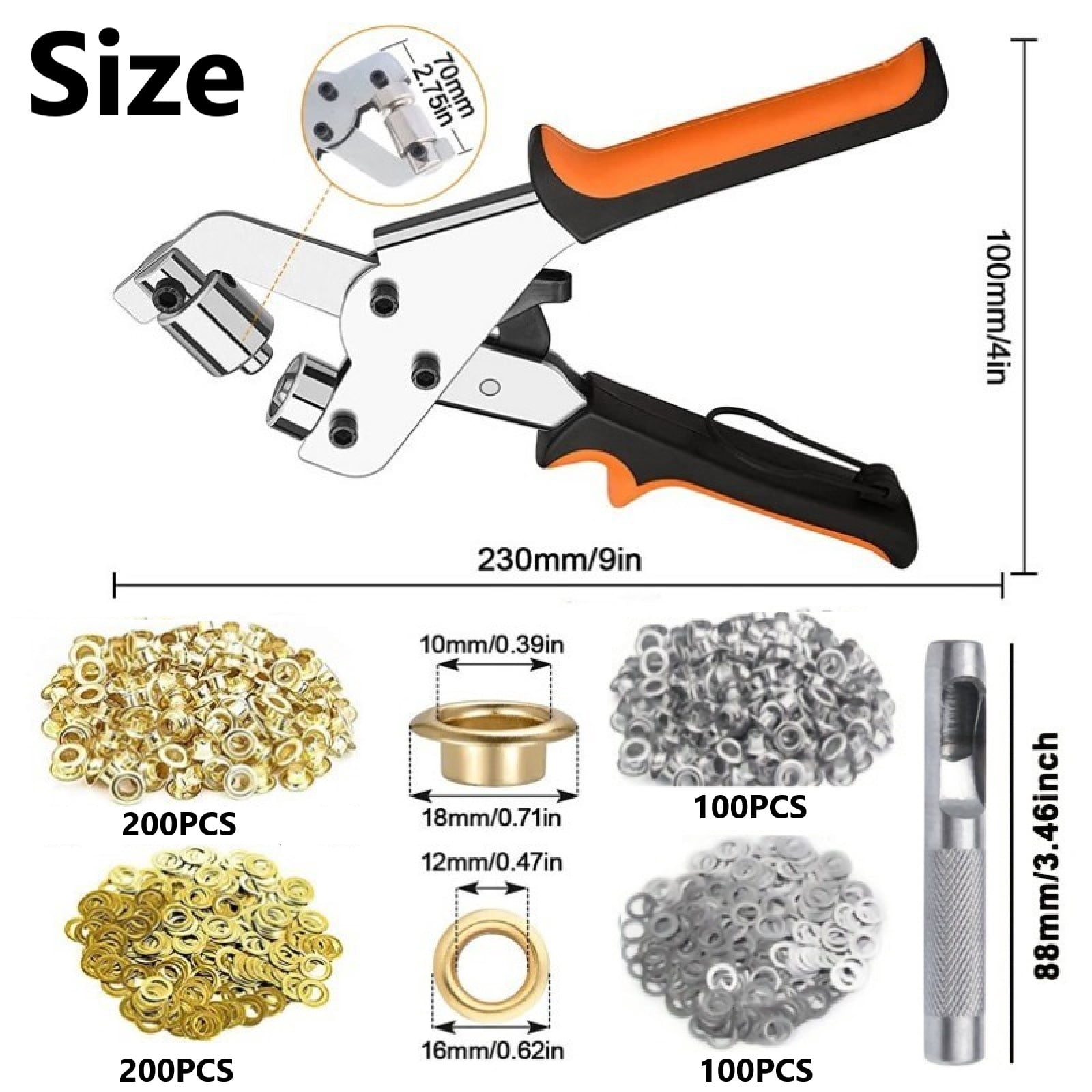 Pecham Heavy Duty Grommet Tool Kit, 300Pcs 3/8 Inch 10mm Grommets, Handheld Grommet Eyelet Pliers Kit with Grommets in Gold and Silver for DIY Tarp Ring Repair and Installation