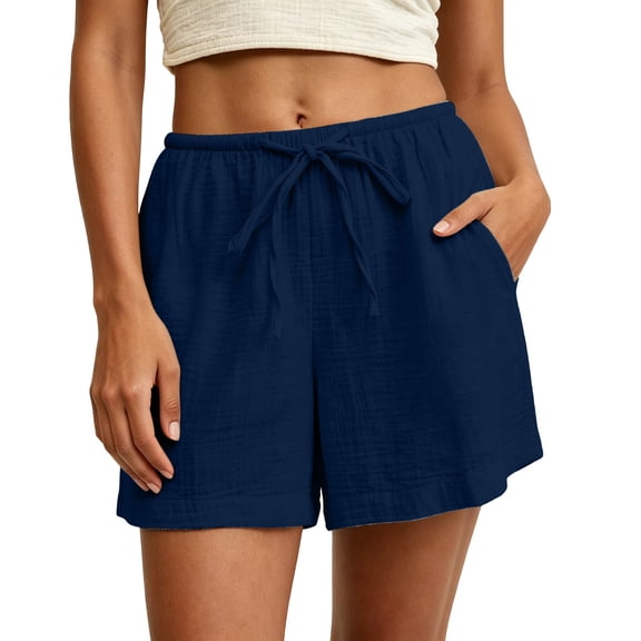 TEAJOPSUU Shorts for Women Cotton Blend Drawstring Elastic Waist Shorts with Pockets Summer Casual Shorts for Vacation Everyday Wear Navy