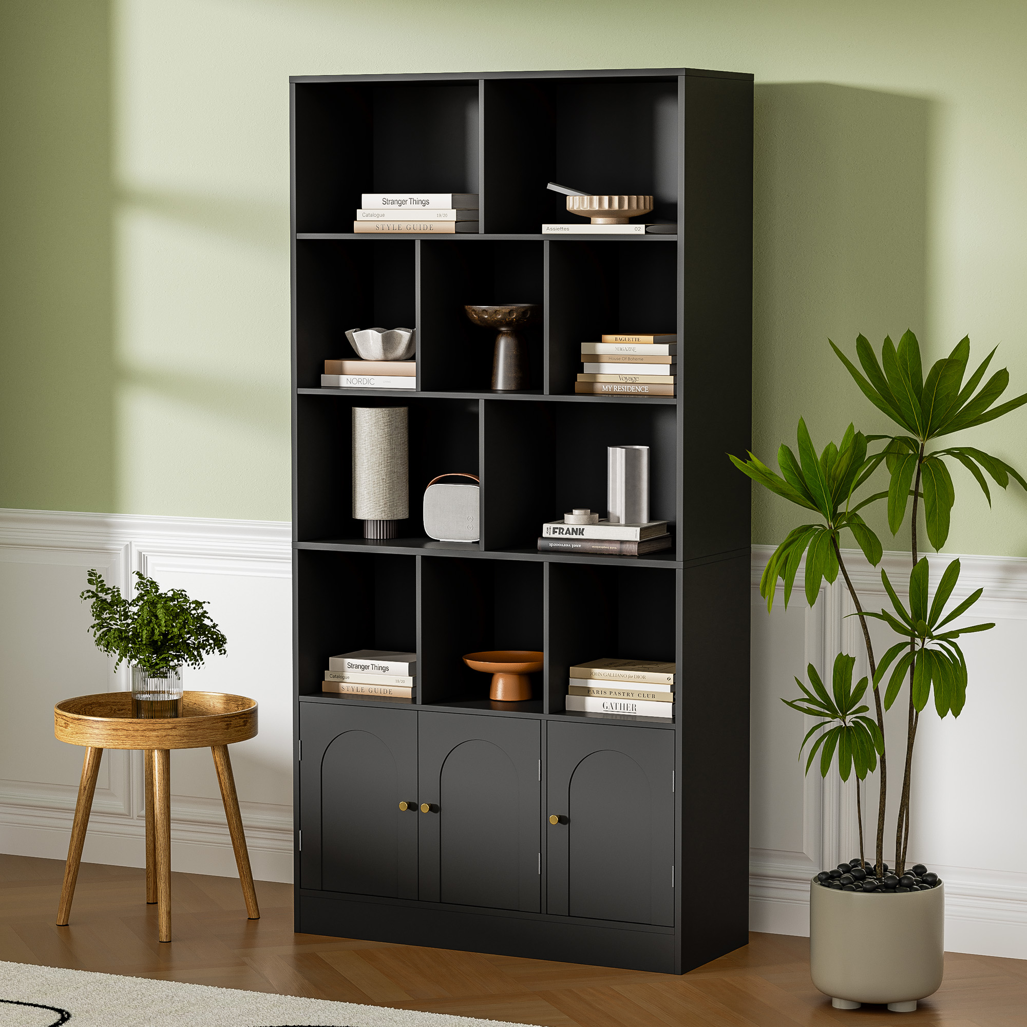 4-Tier Tall Bookshelf with 3 Doors, 71" Open Shelf Bookcase with 10 Cubes, Modern Cube Storage Organizer for Living Room, and Office, Black