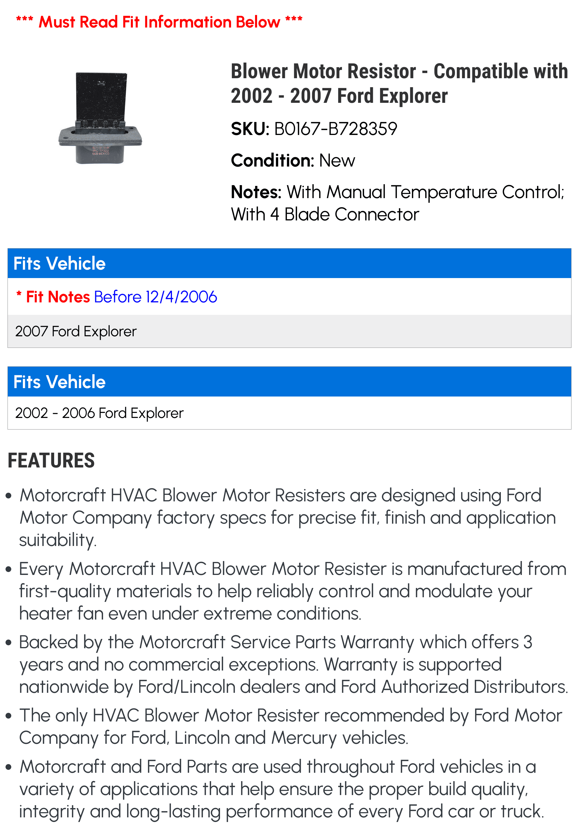 Blower Motor Resistor - Compatible with 2002 - 2007 Ford Explorer 2003 2004 2005 2006