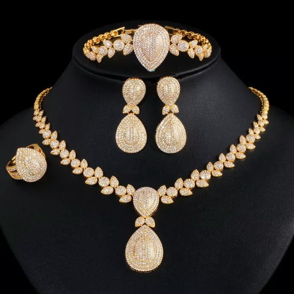 Noble Gold Filled CZ Women Drop Necklace Earring Bracelet Ring Prom Jewelry Set