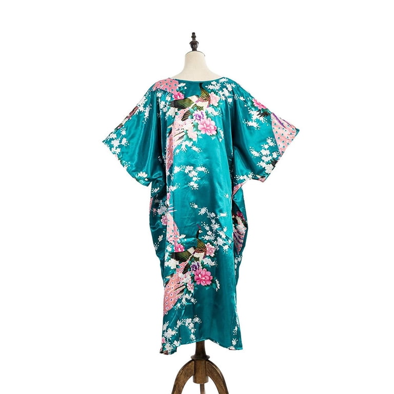 Asian Home Flower Peacock Satin Silk Kimono Dress, Nightgown, Housedress One Size Fits Most Dressing Gown Robe Asian Home Flower Peacock Satin Silk Kimono Dress, Nightgown, Housedress One Size Fits Most Dressing Gown Robe