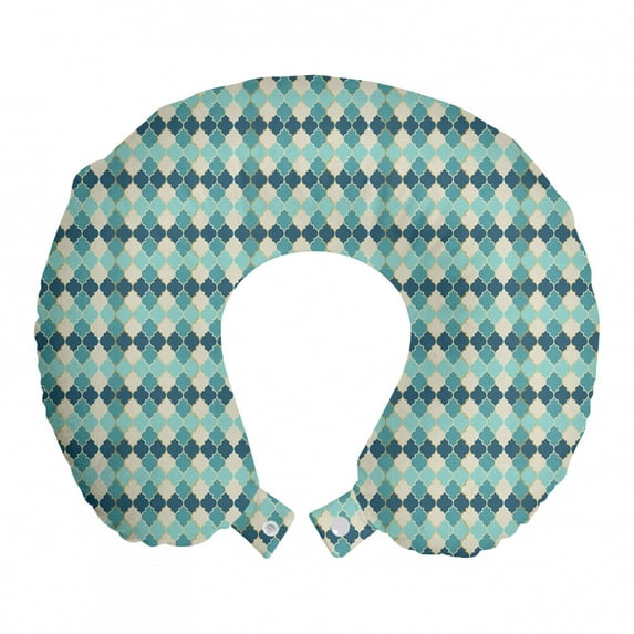 Moroccan Travel Pillow Neck Rest, Rhythmic Mosaic Tiles Inspired Pattern Oriental Ornaments, Memory Foam Traveling Accessory Airplane and Car, 12", Slate Blue Eggshell, by Ambesonne