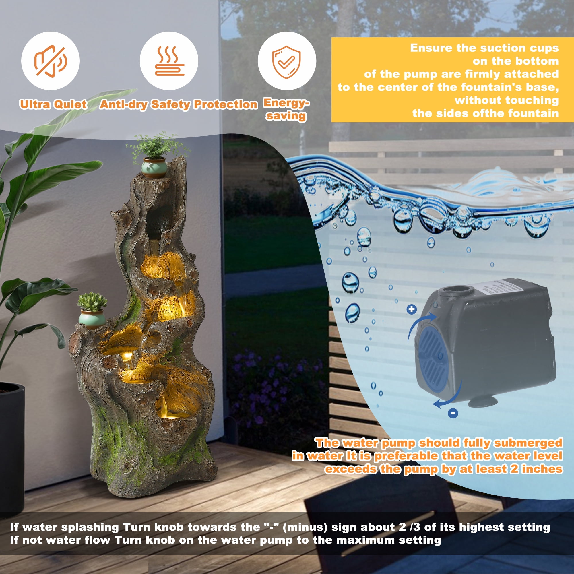 Magic Union 40" Outdoor Water Fountain, 6 Tiers Cascading Realistic Tree Trunk Waterfall Fountain with LED Lights, Freestanding Fountain Resin Imitation Wood for Garden Patio Balcony Yard