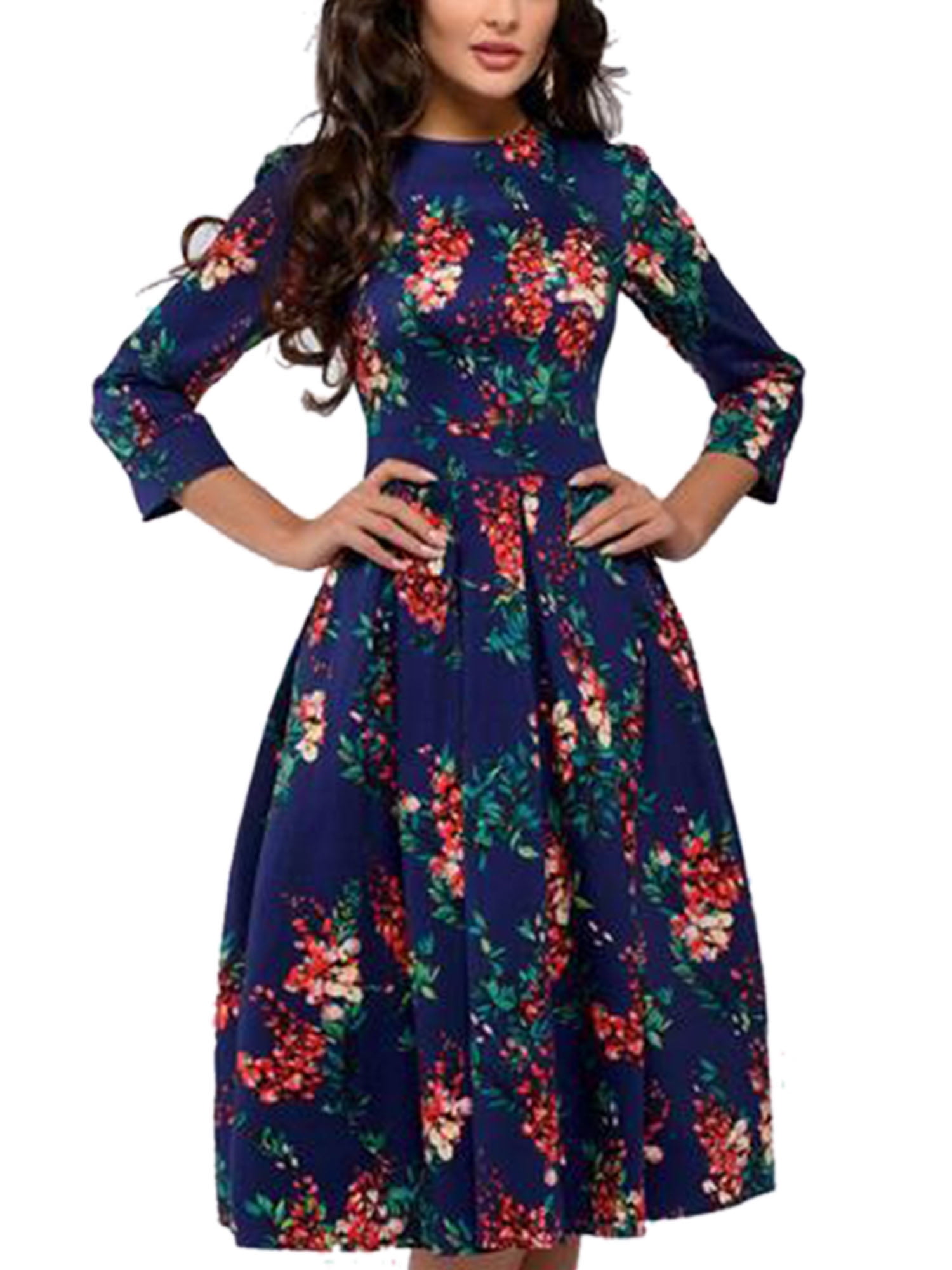 Lookwoild - Lookwoild Womens Retro Floral Midi Dress With Pockets ...