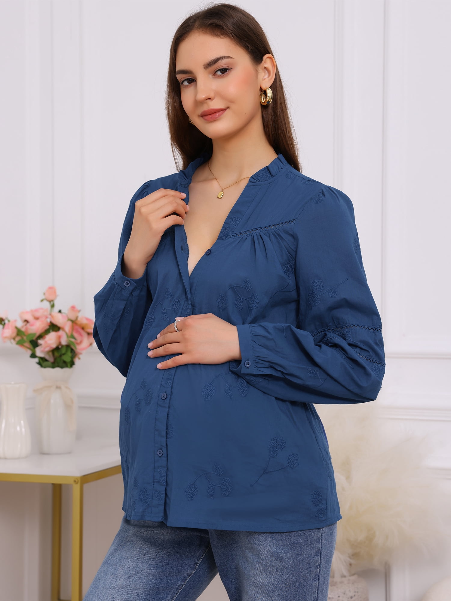DARING DIVA Women's Maternity Cotton Button Down Long Sleeve Jacquard Blouse S Blue