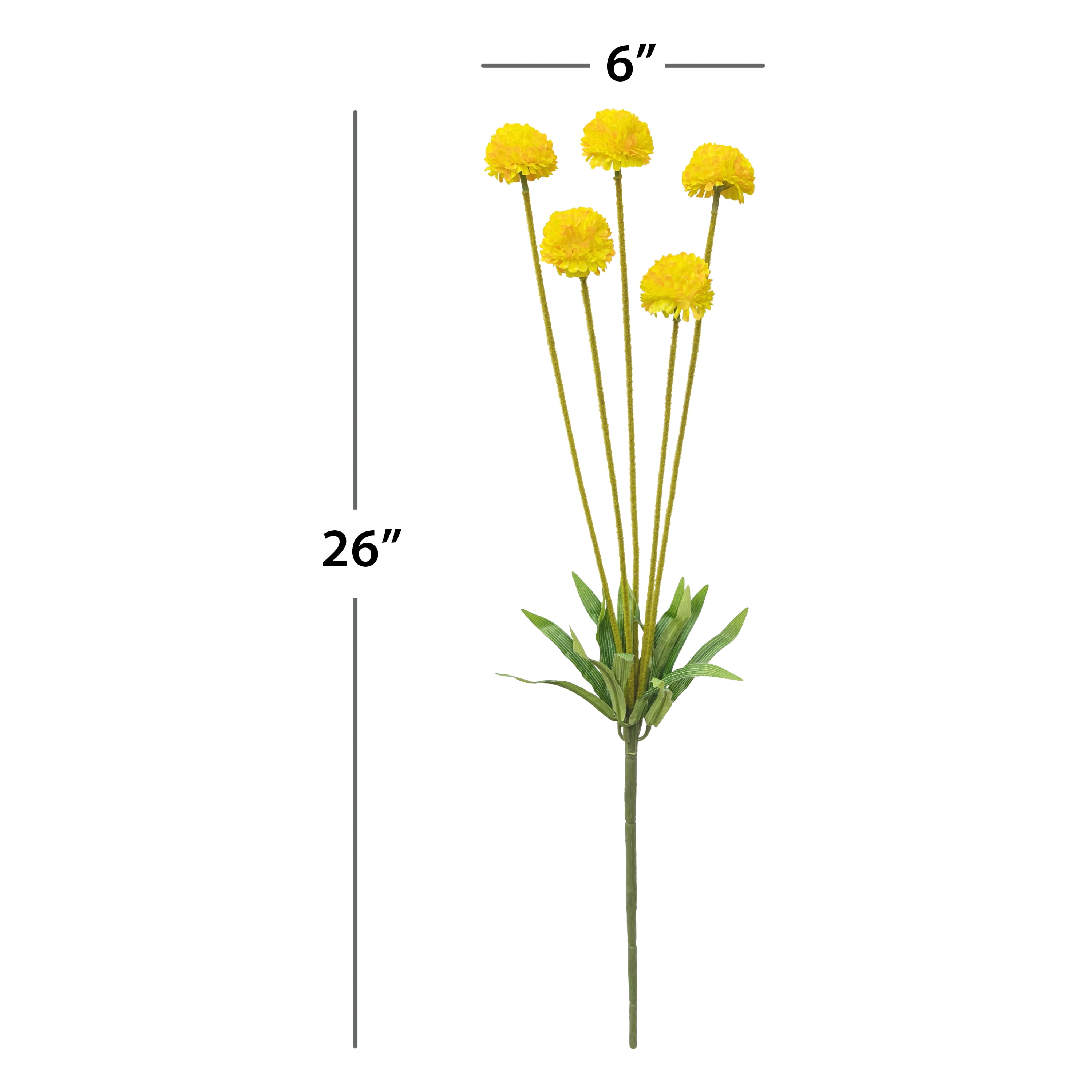 26-inch Artificial Silk Yellow 5 Heads Ball Mum Long Stem, for Indoor Use, by Mainstays, Set of 8