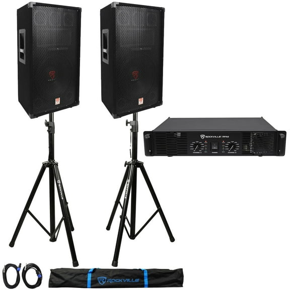 (2) Rockville RSG12 PA Speakers   Rockville RPA9 DJ Amp   Stands   Cables   Case