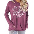 thumbnail image 4 of Jersey de cuello redondo para mujer, jersey de manga larga transpirable con patrón de alfabeto, Tops para mujer con bolsillo para uso diario, fucsia L, 4 of 6