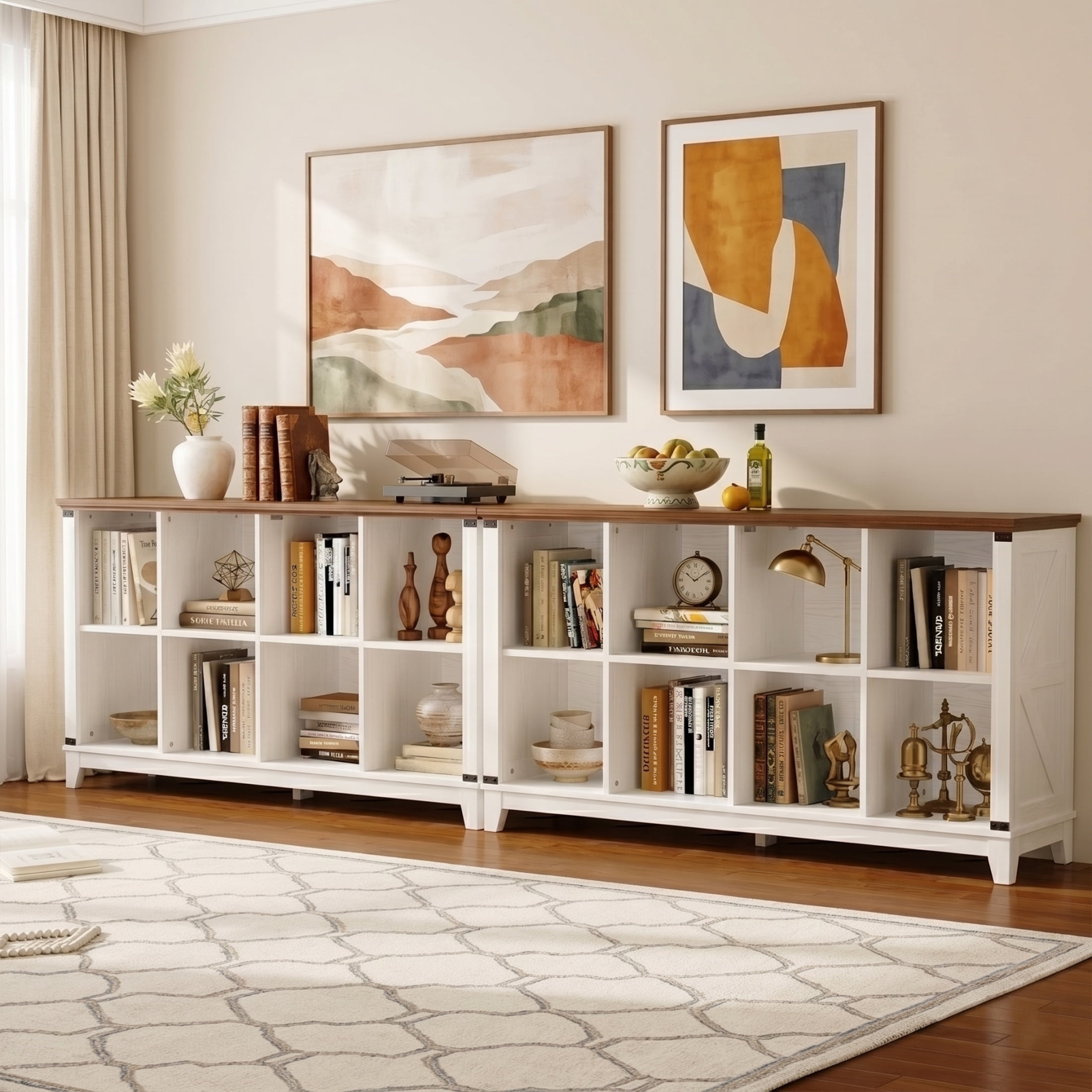 Prilinex Farmhouse 8-Cube Storage Organizer with 4 Storage Bins, Low Wooden Cube Bookshelf, Horizontal Bookshelf for Living Room Entryway Bedroom, White