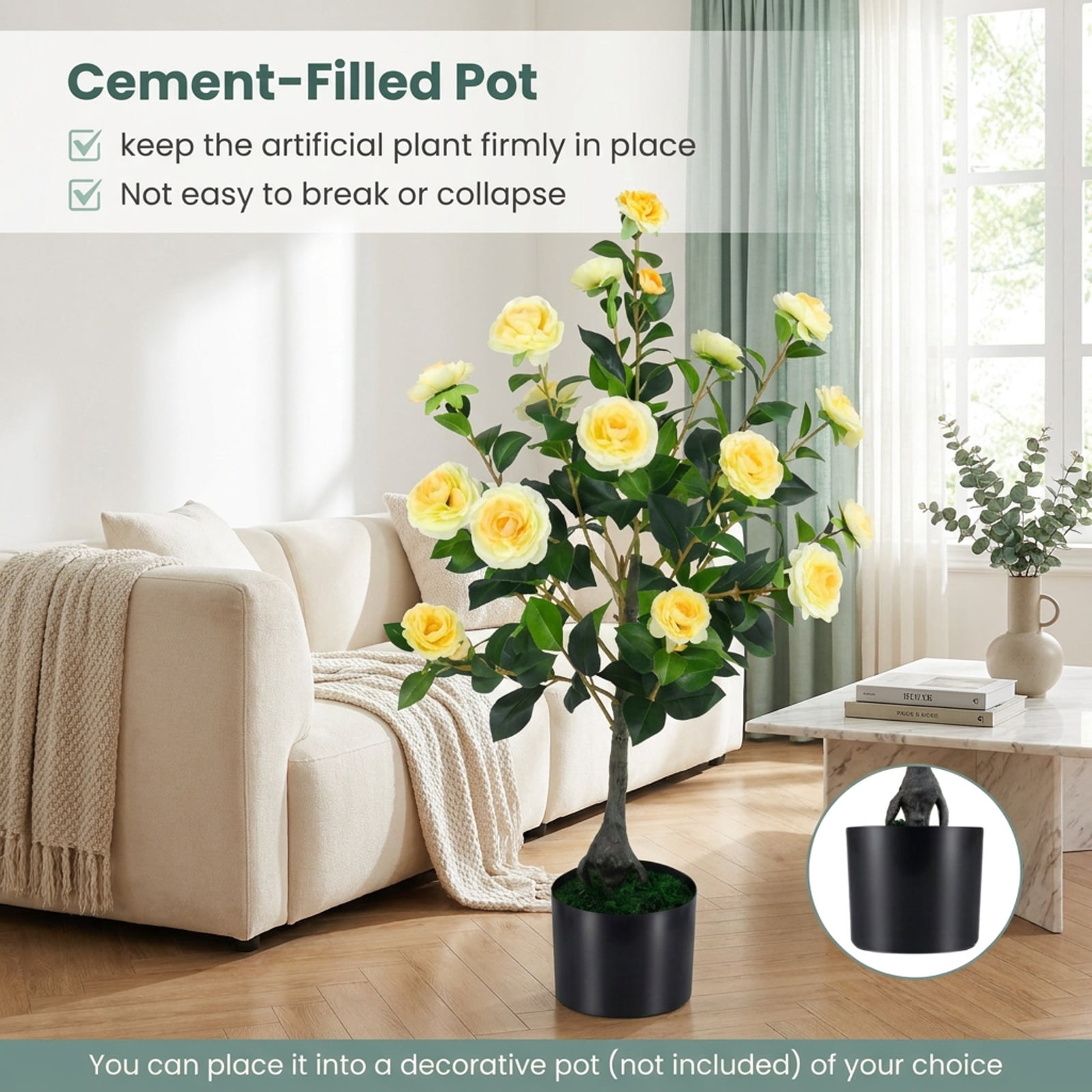 Vebreda Artificial Plant Decor, 2-Pack Artificial Camellia Tree Faux Flower Plant in Cement-Filled Pot, Lifelike & Elegant Design