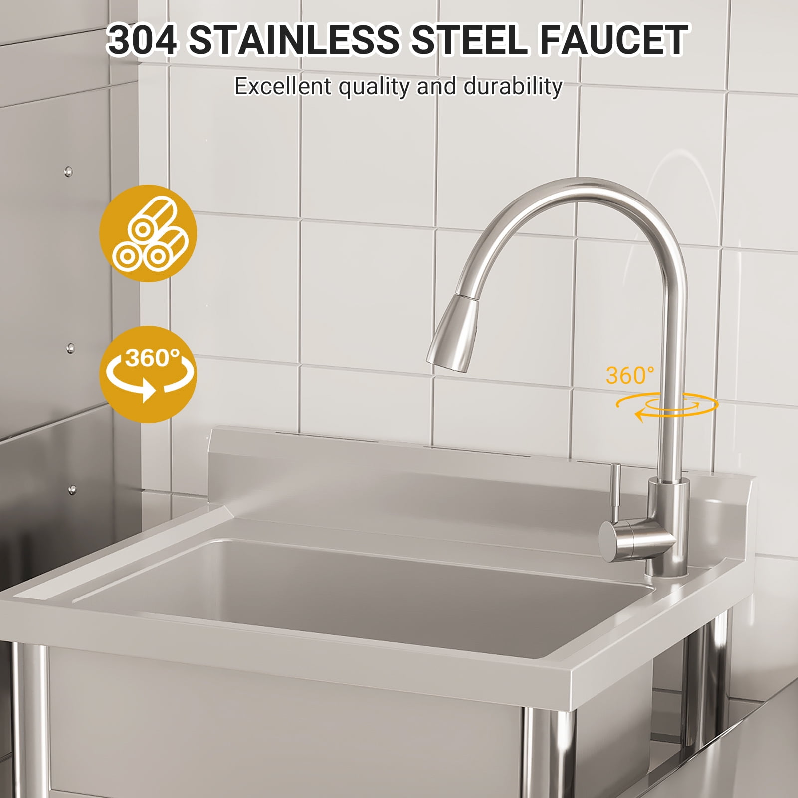 Freestanding Commercial Stainless Steel Sink,Single Bowl Kitchen Sink with Water Pipes,Adjustable Legs,Suitable for Laundry Room,Farmhouse(Water Pipe)