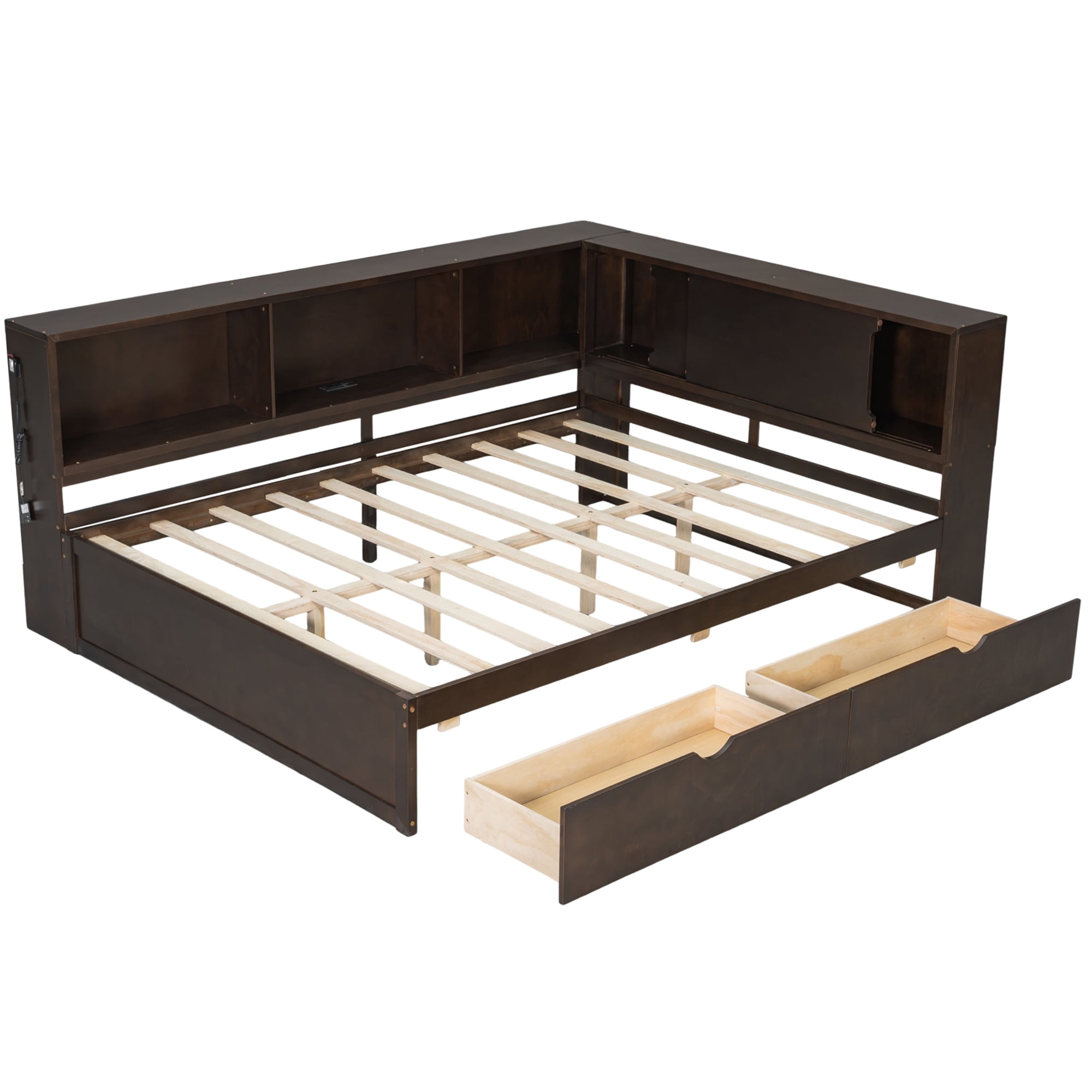 Euroco Wood Queen Size Daybed with Storage Shelves and Drawers, USB Ports and LED Light, Brown