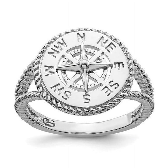 Finest Gold Sterling Silver Rope Trim Ring with Compass, White & Polished - Size 6