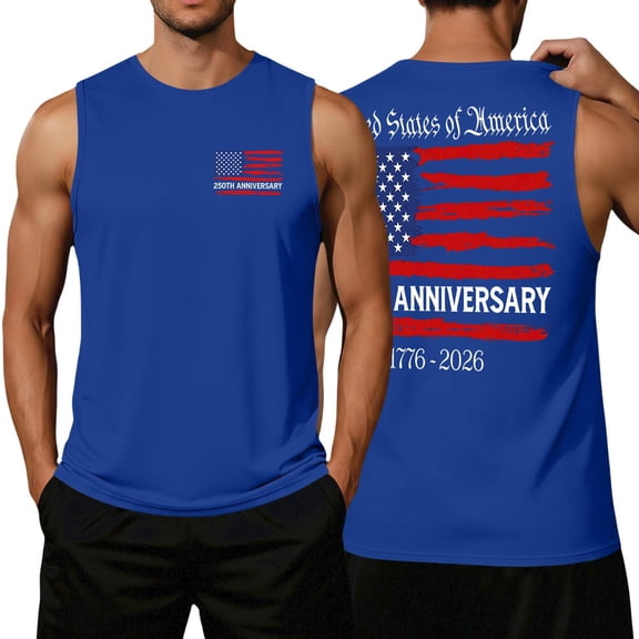 Men's 250th Anniversary Patriotic Tank Tops 1776-2026 USA Flag Sleeveless Crewneck Shirts Independence Day Casual Vintage Printed Tops Blue XXL