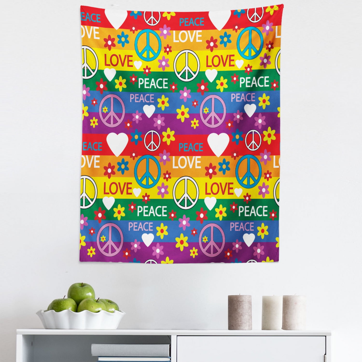 Hippie Tapestry, Heart Peace Flower Power Political Hippie Cheerful