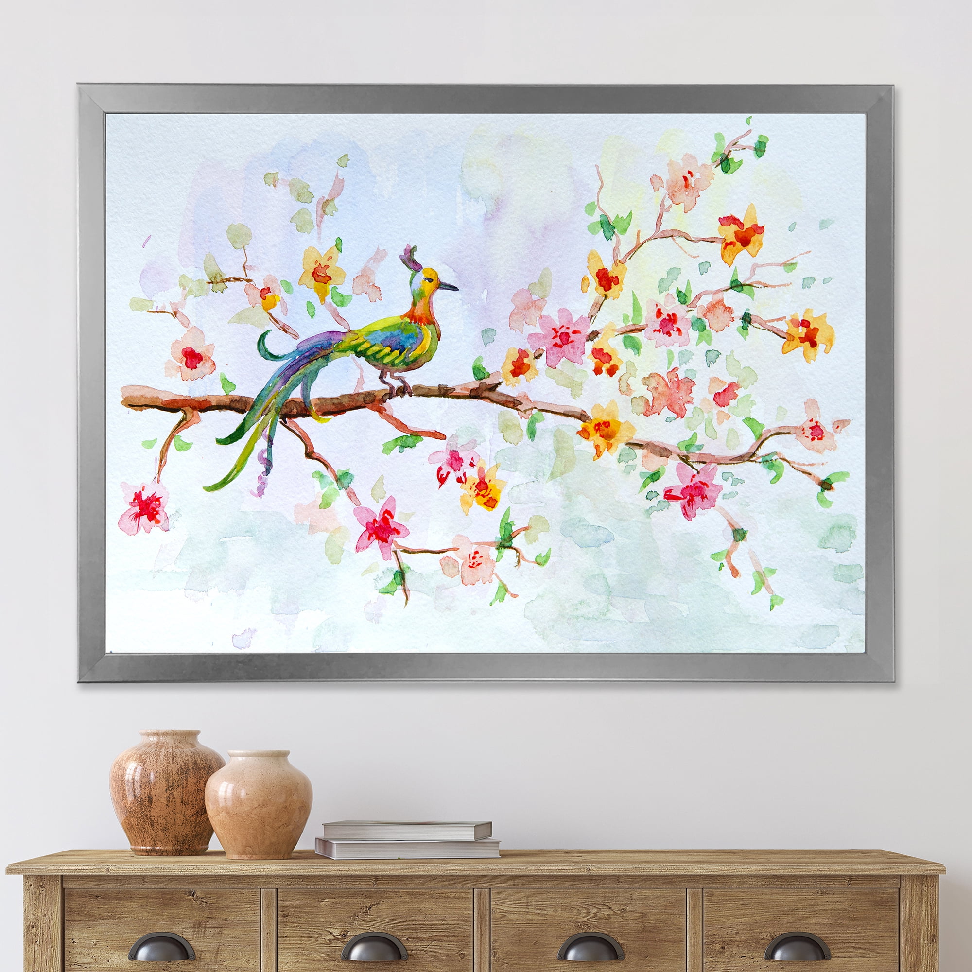 Designart 'Little Bird Sitting On Blooming Branch' Traditional Framed Art Print