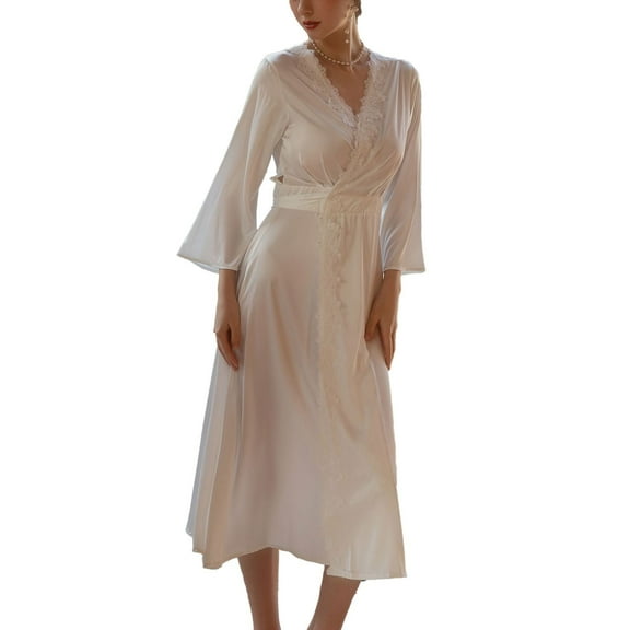 SWSMCLT Women's Long Pajamas Soft Pjs Summer Spring Lightweight Robe Silky Luxury Bridesmaid Thin Lace Comfy V Neck White Medium