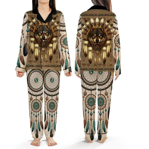 Wolf Dreamcatcher Pajamas Set – Boho Wolf Sleepwear, Women Pajamas for Christmas Valentine Birthday Gift