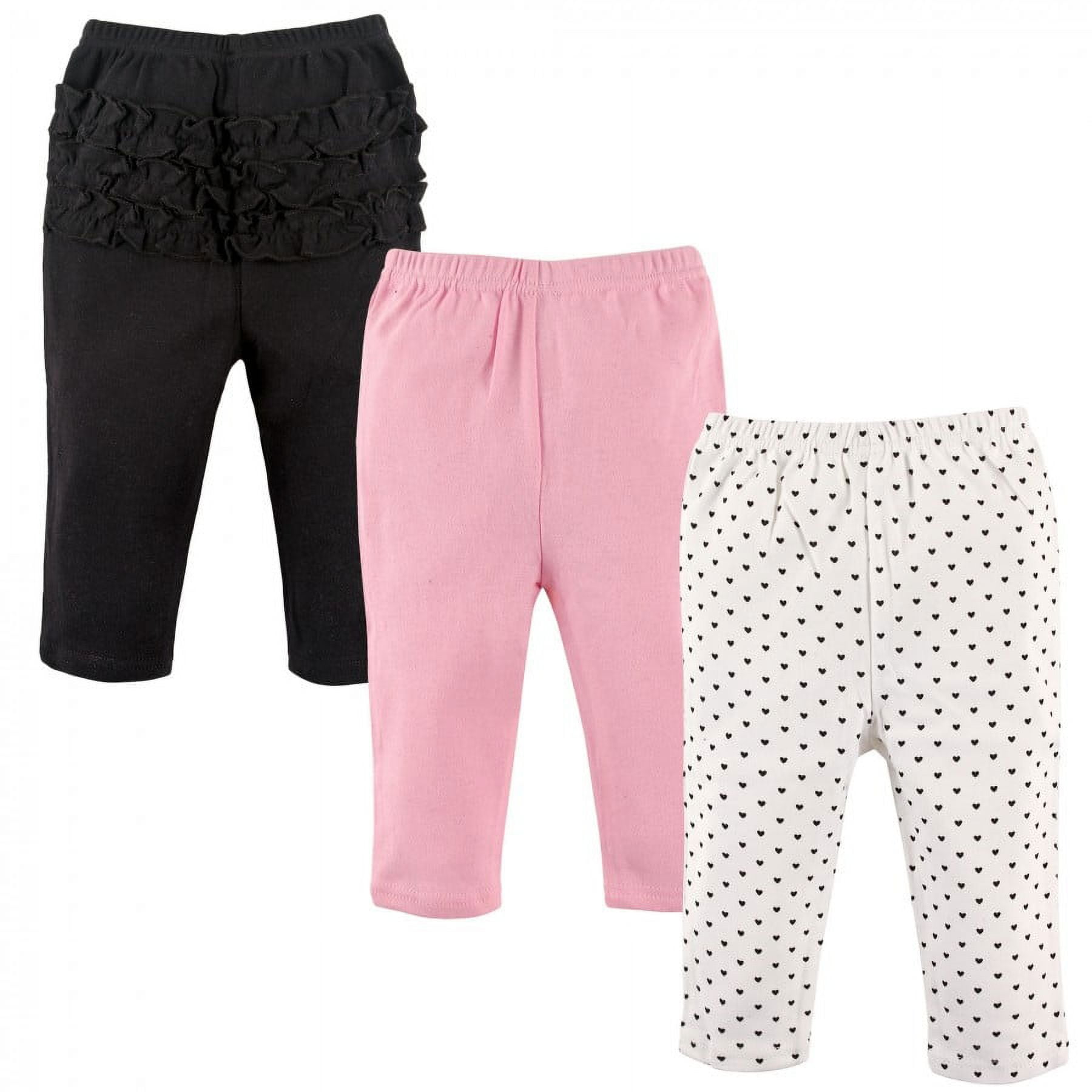 Hudson Baby Infant and Toddler Girl Cotton Pants 3pk, Black Hearts, 0-3 Months
