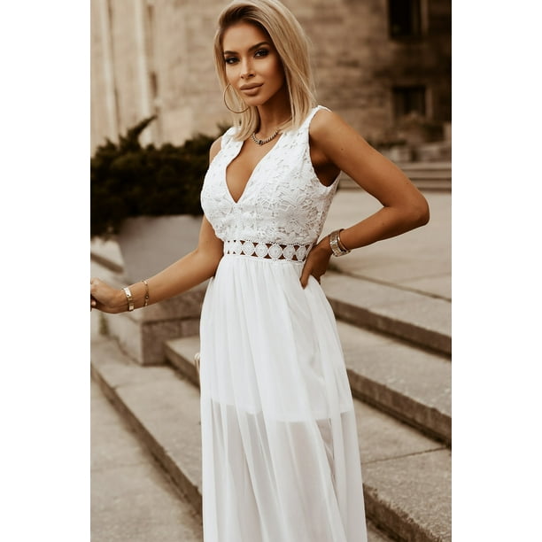 ABPHQTO Vestido largo con abertura en la manga y cuello en V en contraste de encaje blanco para mujer Bodega Aurrera en linea