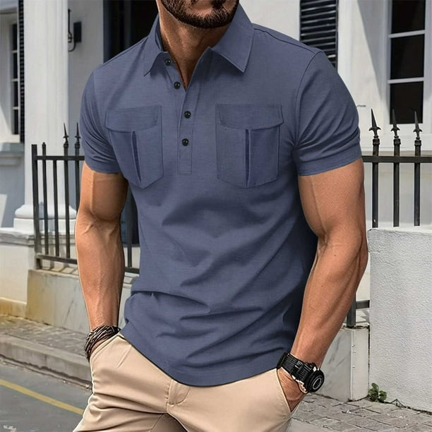 pstuiky camisetas para hombre, Camisa informal de manga corta con cuello vuelto y botones para hombre, color liso y bolsillo camisas casuales para hombre xxxl