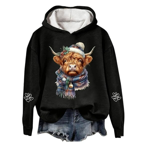 Oversized Christmas Hoodies for Women Highland Cattle Print Long Sleeve Hooded Sweatshirts Xmas Holiday Loose Casual Fall Winter Warm Pullover Tops