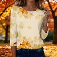 thumbnail image 2 of Womens Crew Neck 3/4 Length Sleeve Tees Fall Leaf Graphic Print Loose Fit Casual Shirts Curved Hem Lightweight Dressy Tunic Tops ,S,Earthy Yellow, 2 of 7