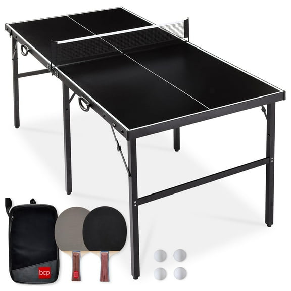 6x3ft Portable Ping Pong Table, Mid-Size Folding Indoor Outdoor Table Tennis w/ 2 Paddles, 4 Balls Included, Carrying Bag