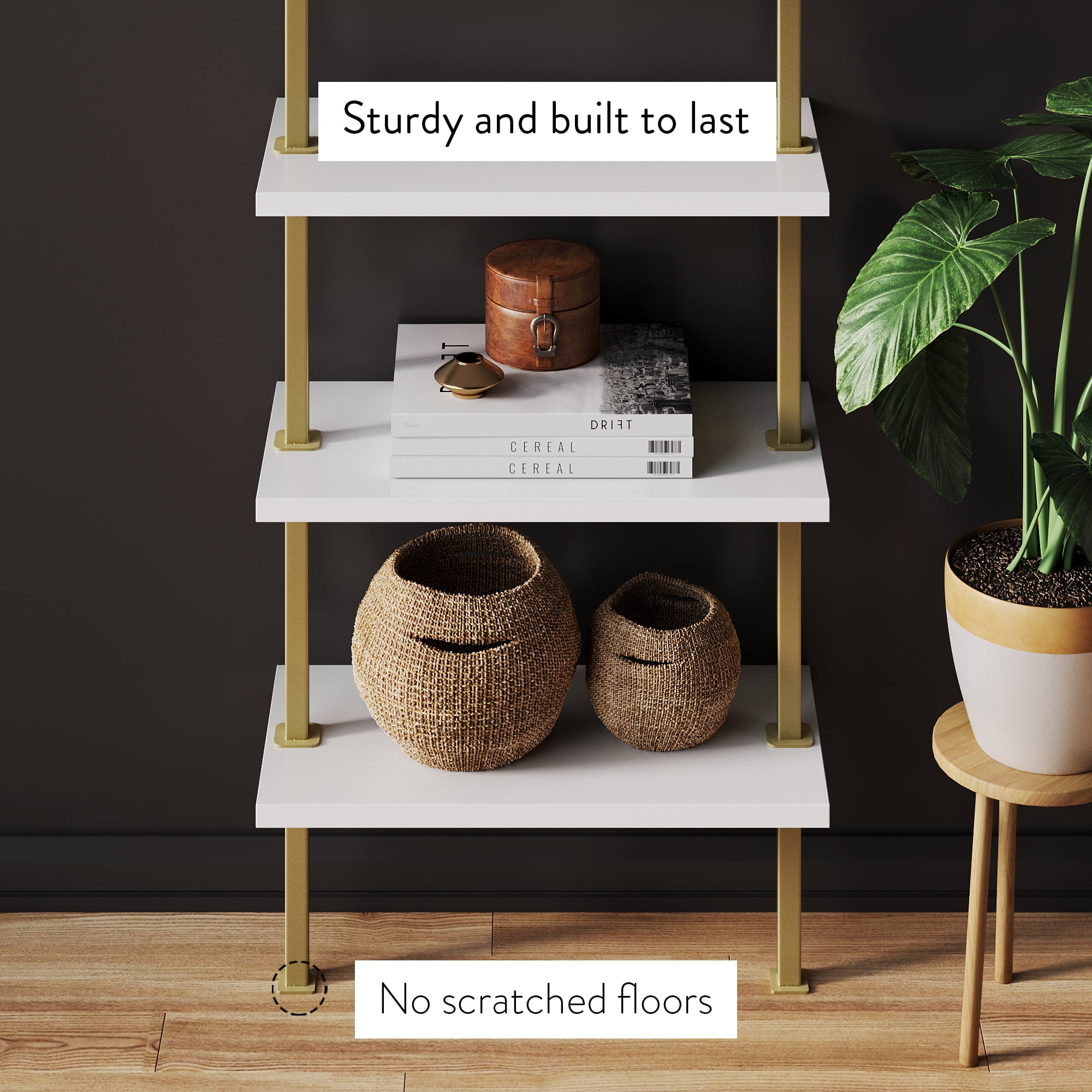 Nathan James Theo Industrial 5-Shelf Gold Ladder Bookcase with White Open Shelves and Brass Metal Frame