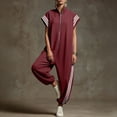thumbnail image 3 of Jumpsuits for Women Workwear Romper Stripe Zipper Casual Stand Collar Short Sleeve Wide Leg Jumpsuit Loose Elastic Cuffed Jogger One Piece Jumpsuit, 3 of 6