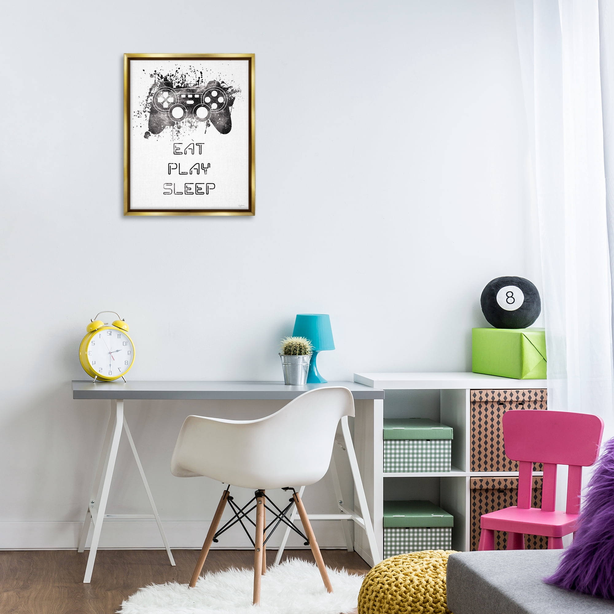 Stupell Industries Eat Play Sleep Gaming Typography Painting Gold Floater Framed Art Print Wall Art, 17 x 21