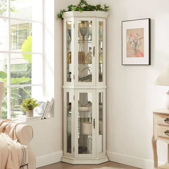 S-HOME Lighted Corner Curio Cabinet in White With Glass Display Shelf and Adjustable Shelving for Home Decor