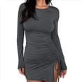 thumbnail image 2 of Vestido Corto de Punto Elástico, Ajustado, Fruncido, con Cordón Ajustable, Liso, de Otoño, Cuello Redondo, Larga Gris L, 2 of 7