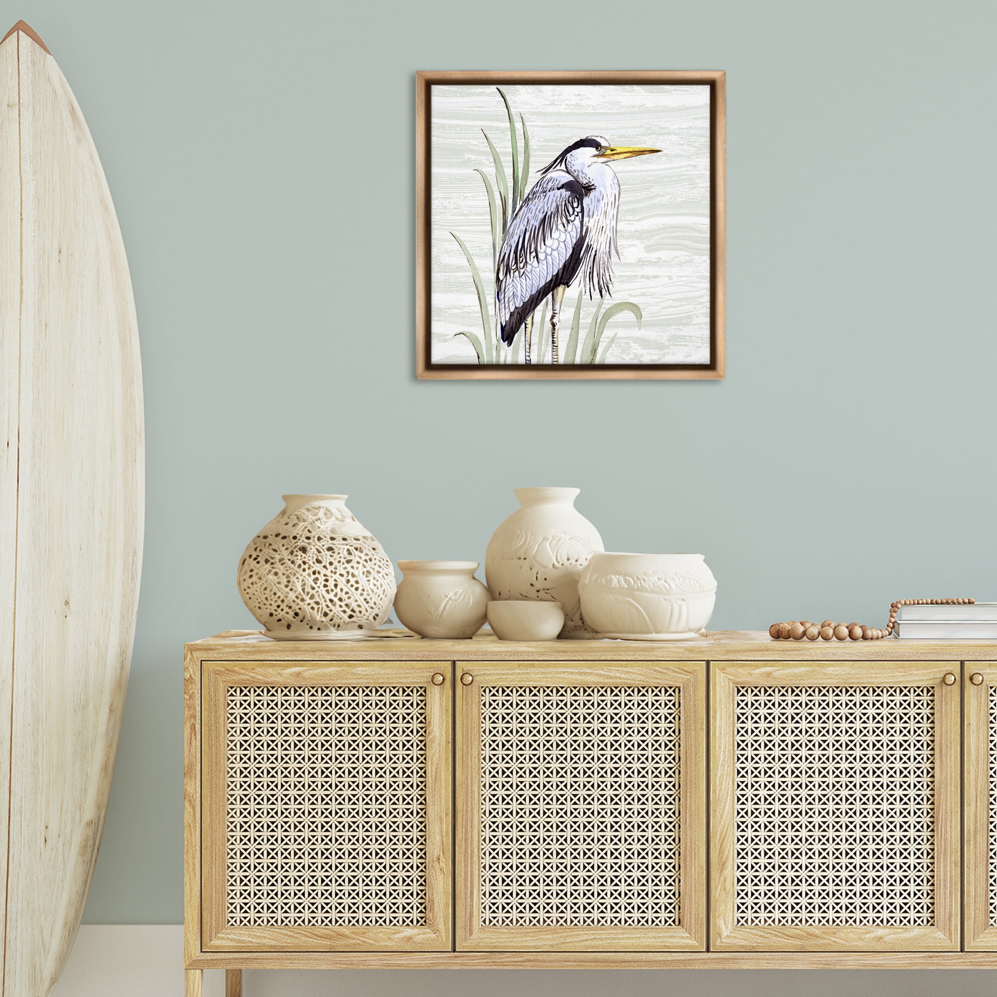 Stupell Industries Beach Bird Elegant Heron Animals Painting Brown Floater Framed Canvas Art Print Wall Art, 25 x 25