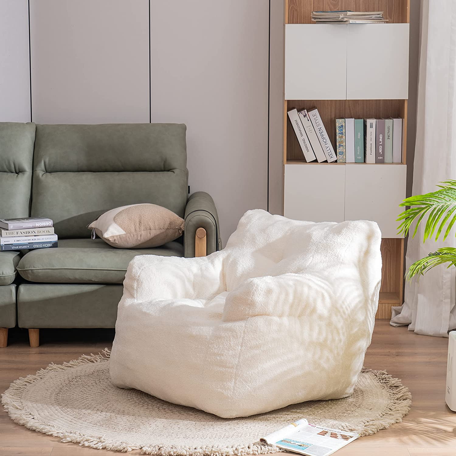 Sumdeal Soft Tufted Foam Bean Bag Chair For Adults, Fluffy Lazy Sofa Teddy Fabric Bean Bags Comfy Couch, Stuffed Bean Bag Sofa Reading Chair Lounge Chair for Bedroom, Living Room, Apartment, Ivory