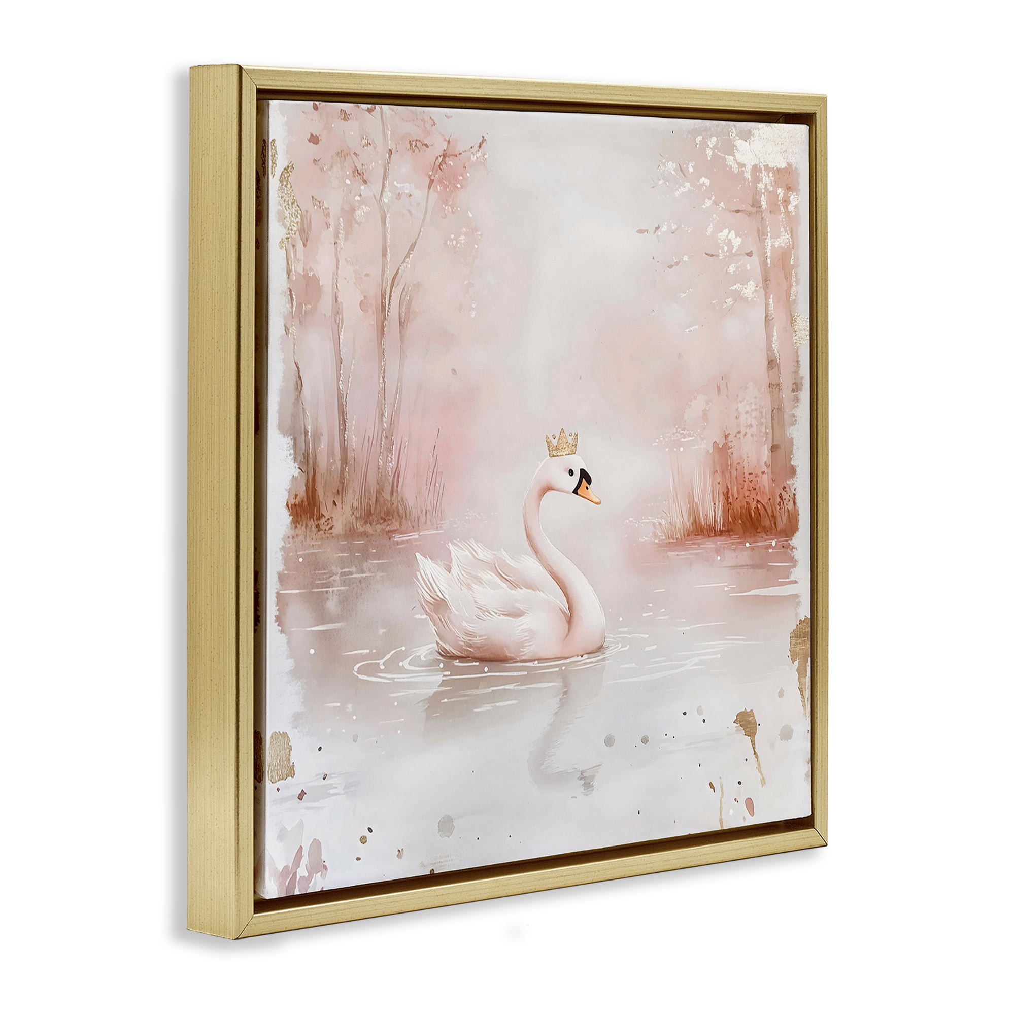 Stupell Industries Swan with Crown in Pastels Gold Framed Floater Canvas Wall Art, design by Creative Studio