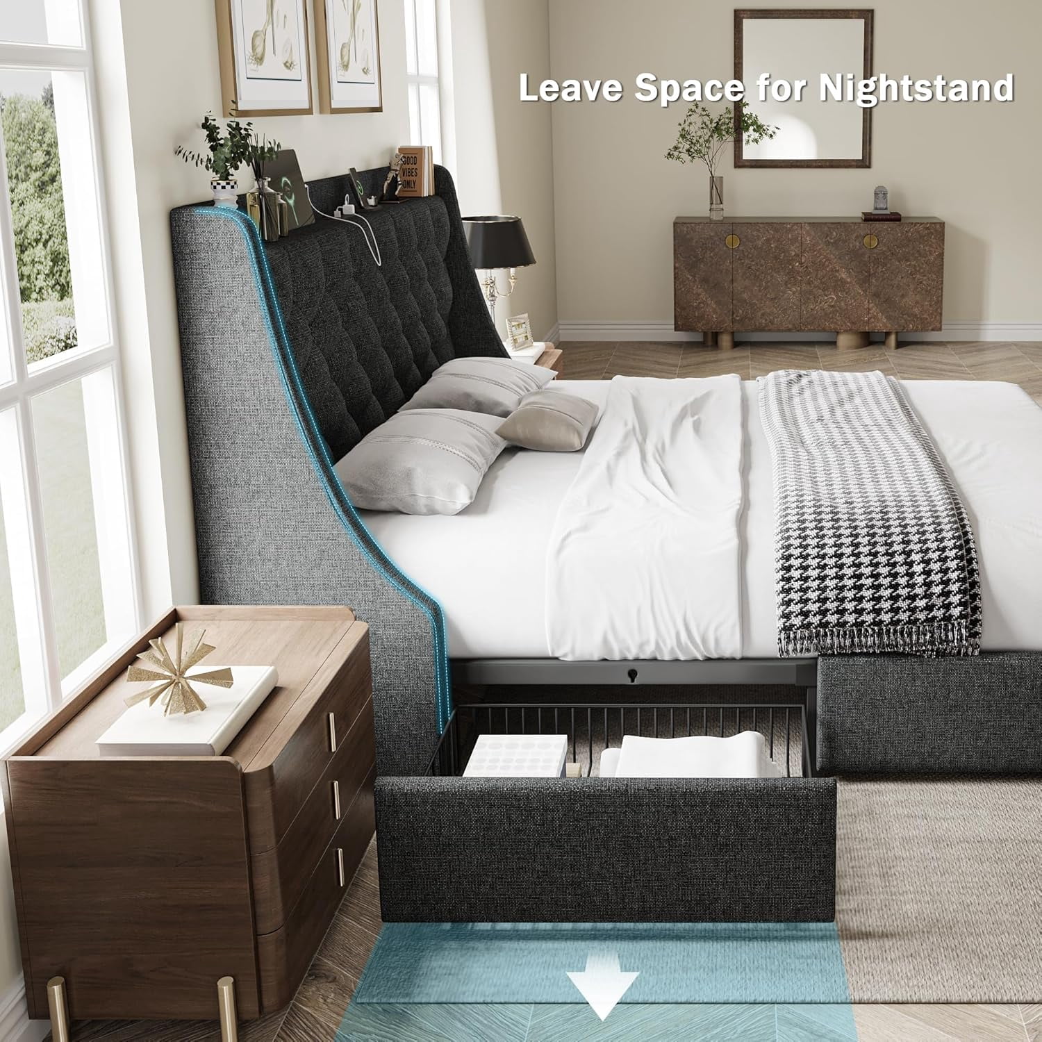 Galnfu Queen Bed Frame with 4 Storage Drawers, Giant Upholstered Wingback Headboard, Fast Charging Station, No Box Spring Needed, Noise-Free,Dark Gray