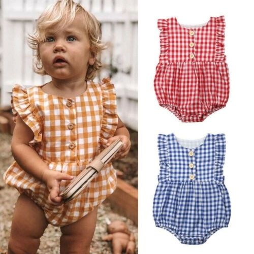 0-18Months Newborn Infant Baby Girl Christmas Clothes Long Sleeve One-piece Plaid Printed Pattern Flying Sleeve Romper Bodysuit Jumpsuit Headband 2Pcs Outfits 