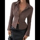 thumbnail image 2 of Camisa Corta A Rayas con Botones para Mujer, Blusa Ajustada de Larga, Camisa de Trabajo Color Café XL, 2 of 9