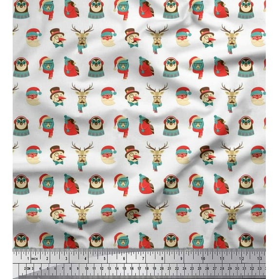 Soimoi White Cotton Cambric Fabric Animal Face,Cap & Muffler Winter Theme Print Fabric by the Yard 42 Inch Wide